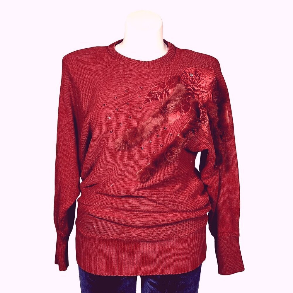 Night Fashion Vintage Red 80s Cocktail Sweater, Women's Large - Picture 2 of 13